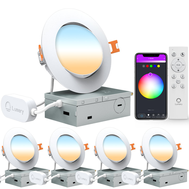 Luminaire encastré à cardan intelligent réglable de 4 po Lumary avec télécommande, plafonnier RVBWW, Wi-Fi et Bluetooth, lumières DEL Canless Canless avec J-Box, fonctionne avec Alexa et l'assistant Google, paquet de 4