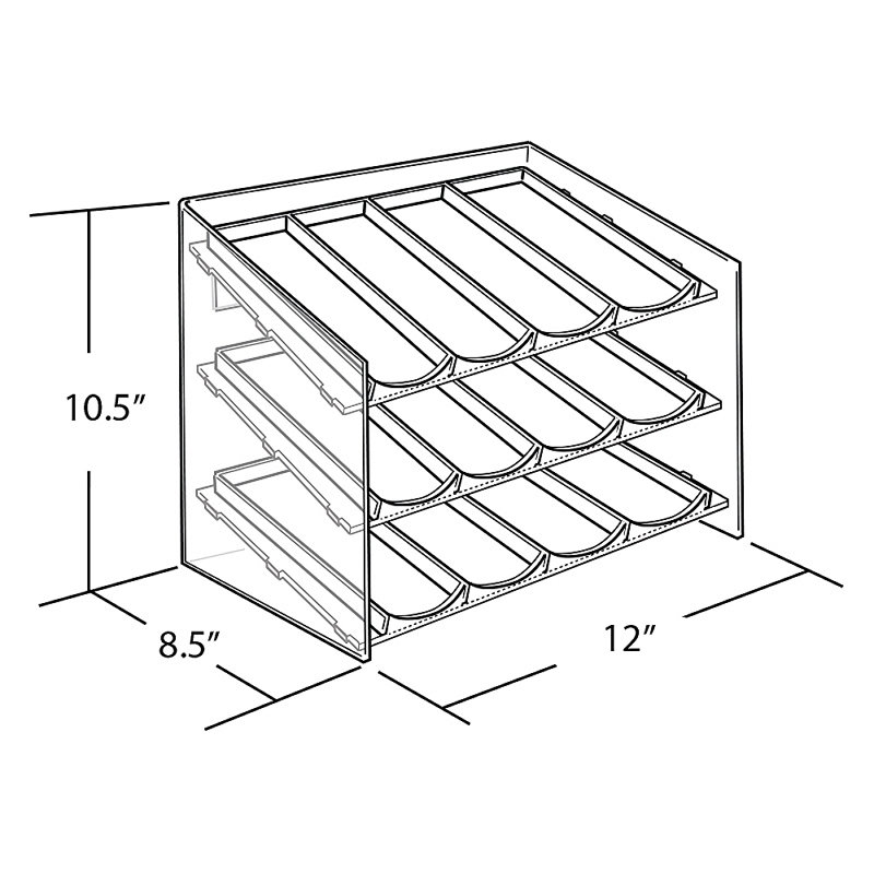 Présentoir à trois niveaux et douze compartiments (4 compartiments par niveau). Dimensions : 30,5 cm (L) x 21,5 cm (P) x 26,5 cm (H).