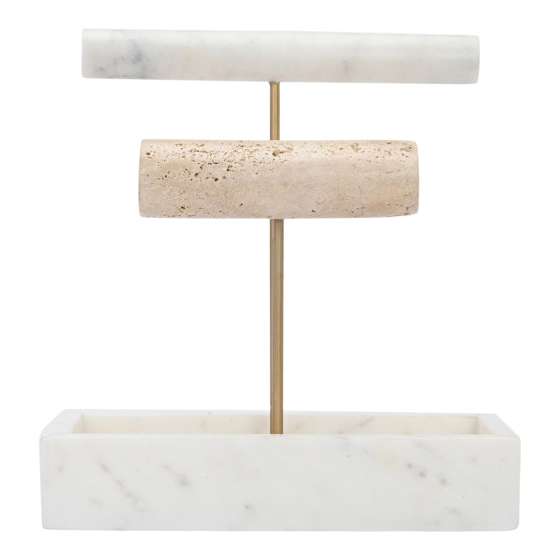 Présentoir à bijoux et barre à bracelets contemporain à 2 niveaux en marbre pour coiffeuse - Rangement moderne pour commode - 23 cm, blanc et beige