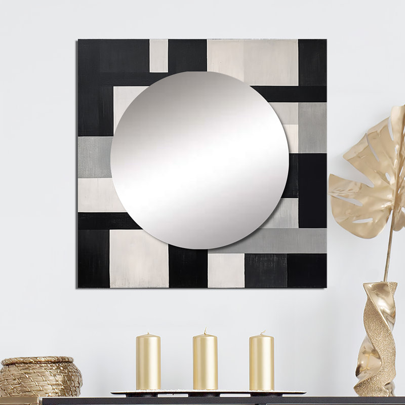 Anick - Cuboids noir et blanc Dream I, formes abstraites, grand miroir mural carré pour chambre à coucher, 29 po x 29 po
