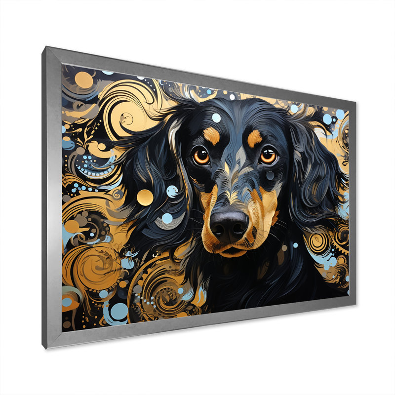 «Funny Daschund Portrait II», reproduction sur toile, Cadre de coin argenté fermé, H 34 po x l 44 po x P 1,5 po