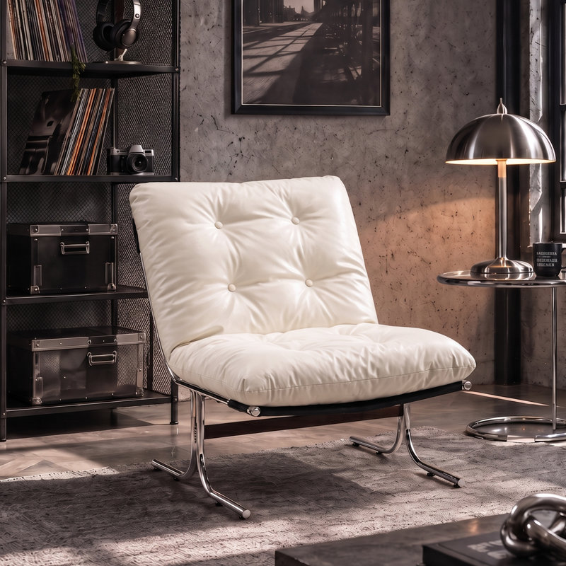 Mid-Century Modern Faux Leather Bauhaus Inspired Chrome Leg Lounge Chair, Glossy White