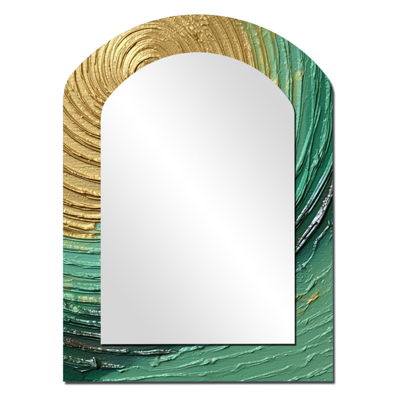 Gold Green Surreal Spirals - Abstract Spirals Asymmetrical Unique Mirror, Gold Arch Large Wall Mirror, Printed Metal Art