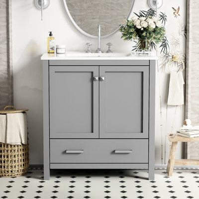 Commode de salle de bain grise de 30 po. Meuble-lavabo simple avec fermeture en douceur. 2 portes et 1 tiroir de rangement. Bois massif fabriqué en gris, construction, lavabo, espace pratique