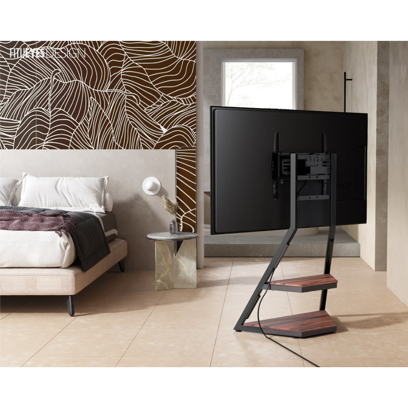 Corner TV Stand with 2 Wooden Shelves Rolling TV Cart For 32 43 50 55 65 Inch TV, Walnut/Black
