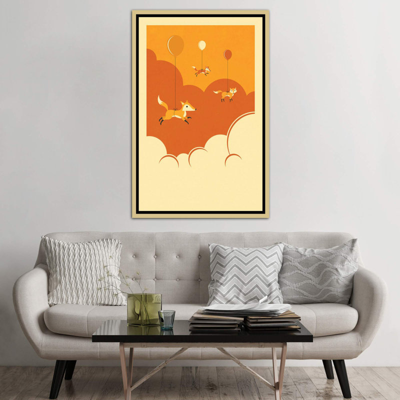 Volée de renards, art encadré, H 60 po x l 40po x P 1,5 po, Toile encadrée d'or