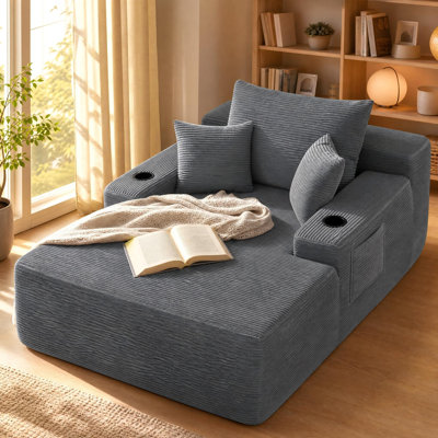 3-in-1 65In Oversized Boneless Chaise Lounge Sleeper Sofa Bed with Cup Holders Side Storage Pocket & 3 Throw Pillows for Living Room Bedroom Dorm