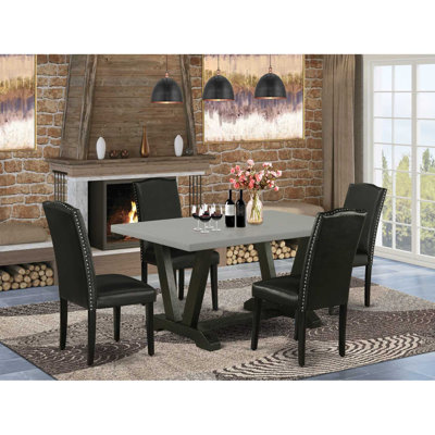 Ensemble de salle à manger 5 pièces - 4 chaises Parson en polyuréthane noir avec dossier haut et table de salle à manger en ciment - Finition noire brossée