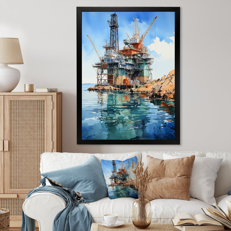 «Hinnerk Teal Oil Rigs Fields Offshore I», reproduction d'art sur toile, H 20 po x l 12 po x P 1 po, Cadre photo noir