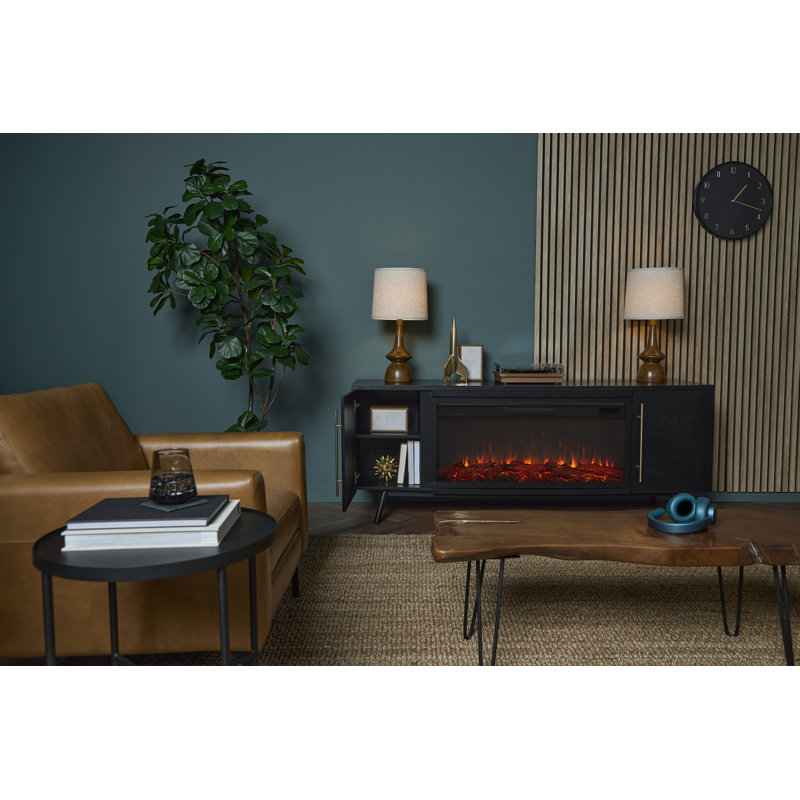 Morris 72" Mid-Century TV Stand with Electric Fireplace by Real Flame, Black, Standard