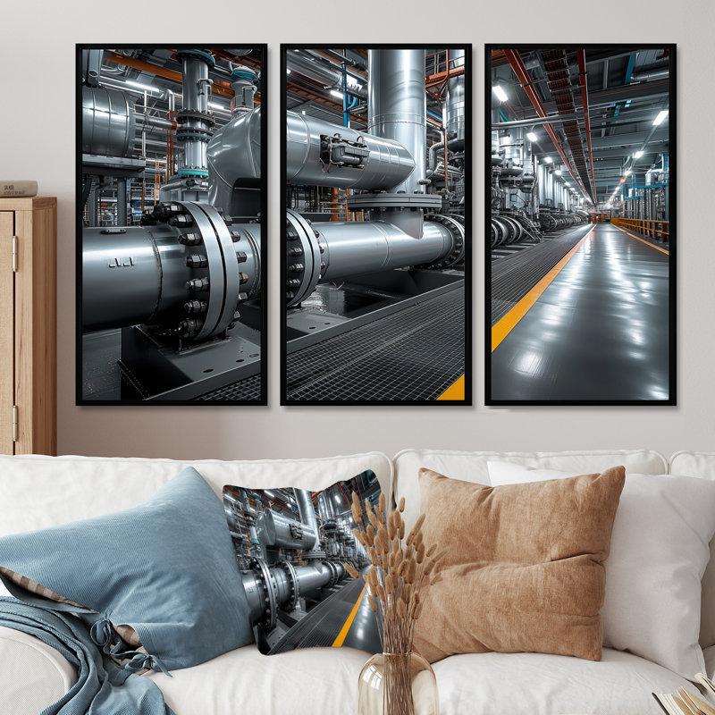 Monochrome Yellow Grey Industrial Pipeline III - Factories Wall Decor Set, Black Floater Framed Canvas, 28" H x 36" W x 1" D