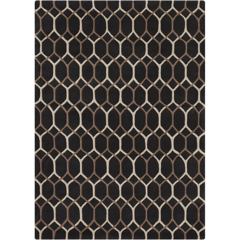 Tapis en laine touffeté à la main à motif de cercles géométriques noirs et bruns Preston Authentic, 5 pi x 7 pi