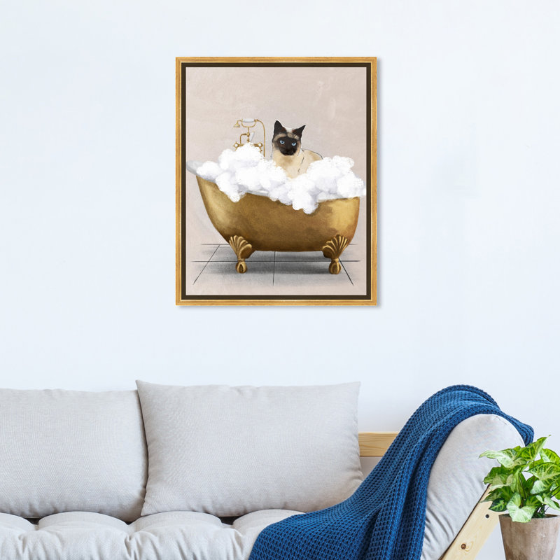 Chat de baignoire - peinture, Encadrement doré, H 17,5 po x l 17,5 po