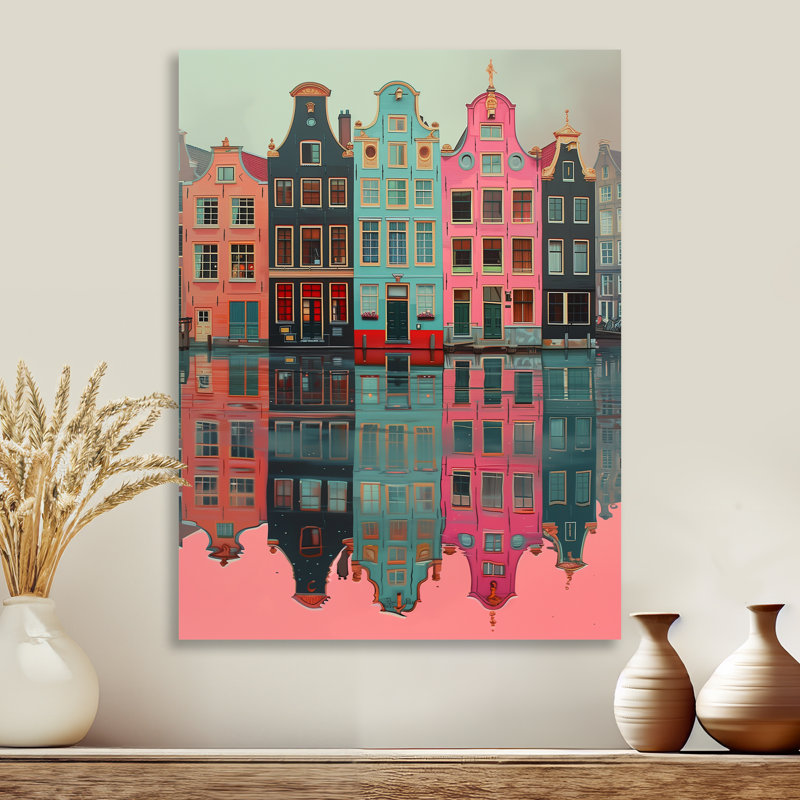 Décoration murale Amsterdam, canal gris et rose II - décoration murale Amsterdam, Métal métal, H 32 po x l 16 po x P 1 po