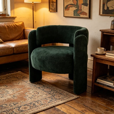 Fauteuil d'appoint moderne à dossier creux, fauteuil tonneau incurvé en tissu texturé vert, fauteuil simple rembourré à pieds blocs, fauteuil d'appoint sculptural unique pour le bureau de la chambre à coucher