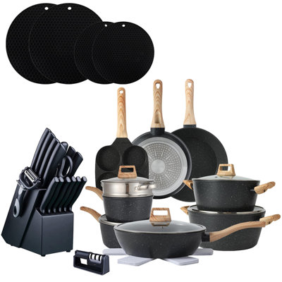 Ensemble 21 pièces de casseroles et casseroles antiadhésives avec ensemble de coupe 15 pièces et 4 tapis en silicone - Batterie de cuisine complète pour une cuisson antiadhésive, facile à nettoyer et polyvalente