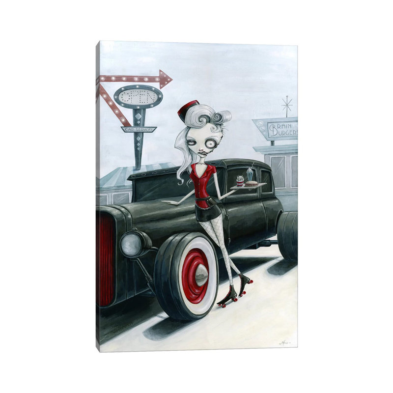 Car Service At The Brain Burger Drive-in by Megan Majewski - Wrapped Canvas Painting, 66.04 cm H x 45.72 cm W x 1.91 cm D