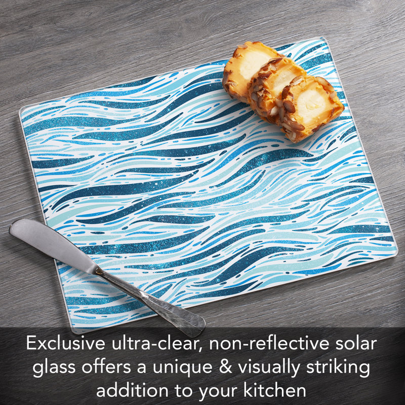Wavy Waves Blue and White Tempered Glass Cutting Board 10" x 8"