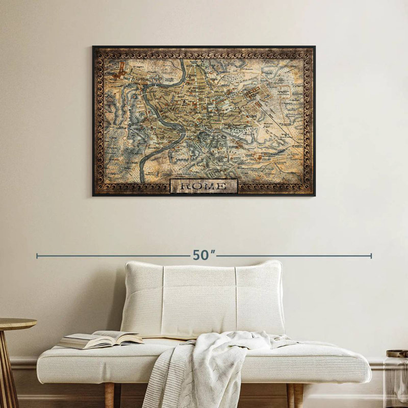 Carte rétro de la ville de Rome, Cadre flottant noir, 40 po x 27 po