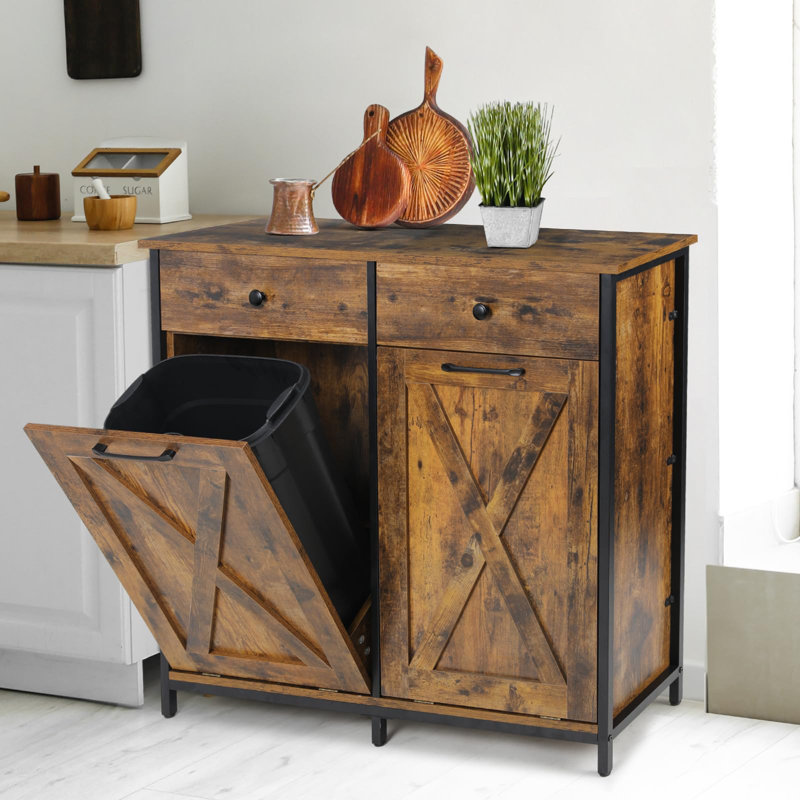 Armoire à ordures à double basculement double, poubelle cachée escamotable pour cuisine 10 x 2 gallons, trieuse à linge Freestand en bois avec tiroir, style porte de grange, pour la maison, le salon