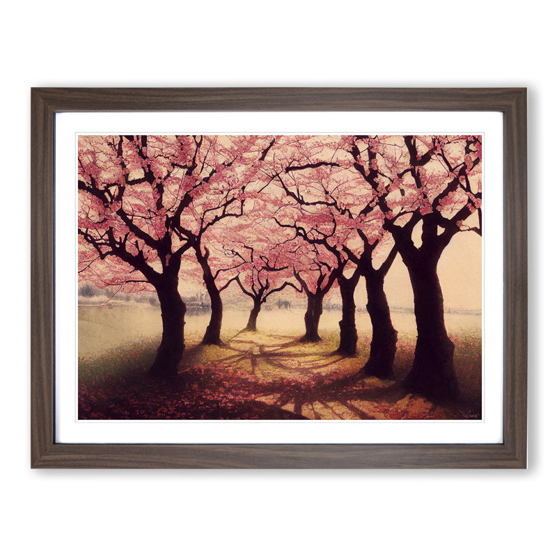 Serene Cherry Blossom Trees - Single Picture Frame Painting, 46cm H x 64cm W x 2cm D, Walnut 