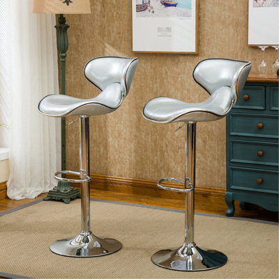 Upholstered Pair, Silver, Base, Faux Leather Seat With Cushion, 34"-42.5" Adjustable Height, 17.75"w X 21.25"d, 360 Degree Swivel , Silver - Base Spin, Foam-filled For Extra Comfort