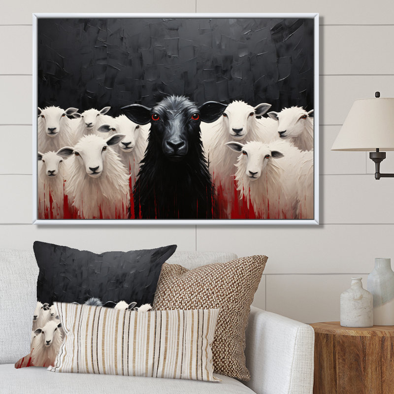 Troupeau de moutons noir et blanc - impressions encadrées de moutons, 12" H x 20" W, Cadre flottant blanc