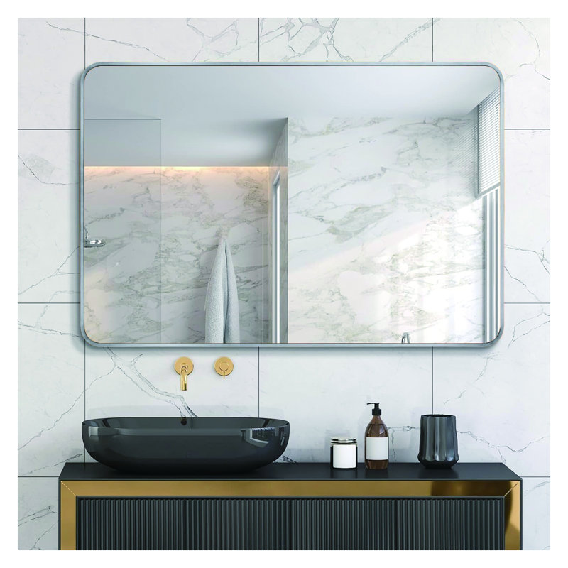 30X40 Inch Silver Metal Framed Rectangular Rectangular Bathrrom Mirror For Wall.
