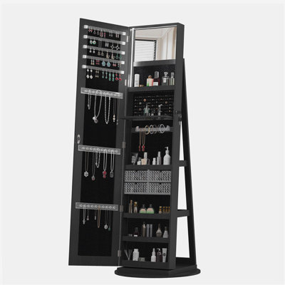Armoire à bijoux pivotante à 360 ° avec miroir pleine longueur, organisateur d'armoire à bijoux sur pied pivotant à 360 °, armoire de rangement verrouillable, miroir intérieur éclairé, noir