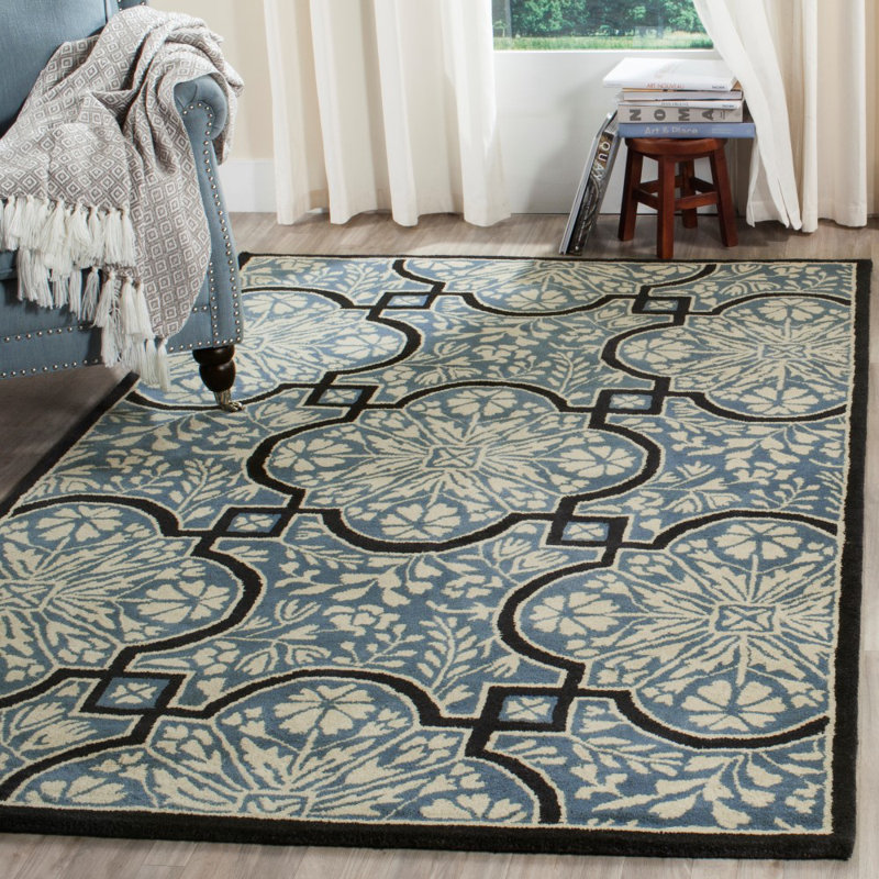 Tapis bleu / ivoire touffeté à la main French French, Rectangle 5 pi x 8 pi