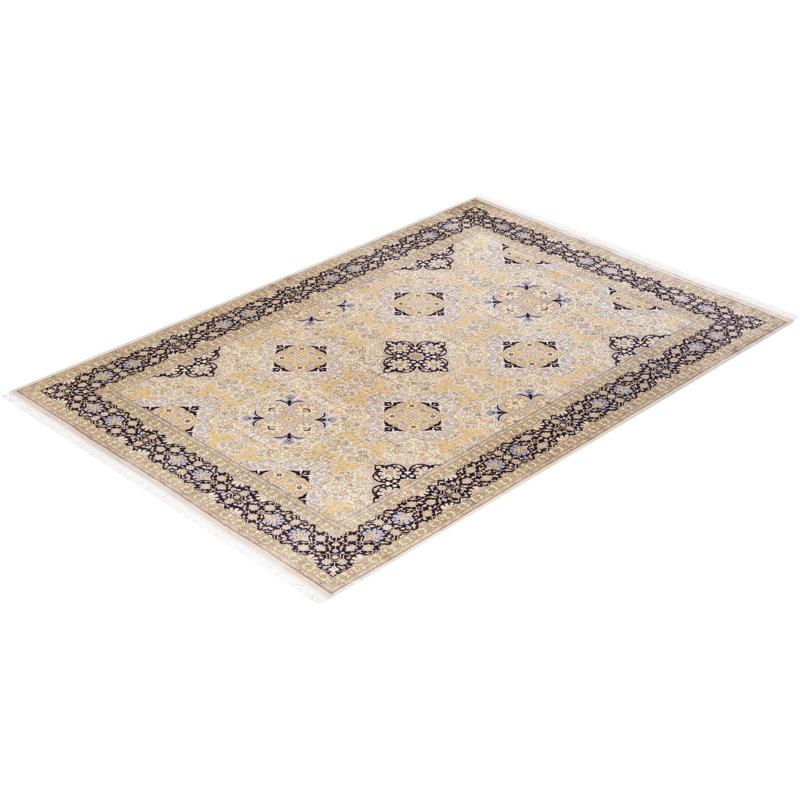 Ivory and Navy Hand-Knotted Wool Geometric Area Rug 6' x 9'