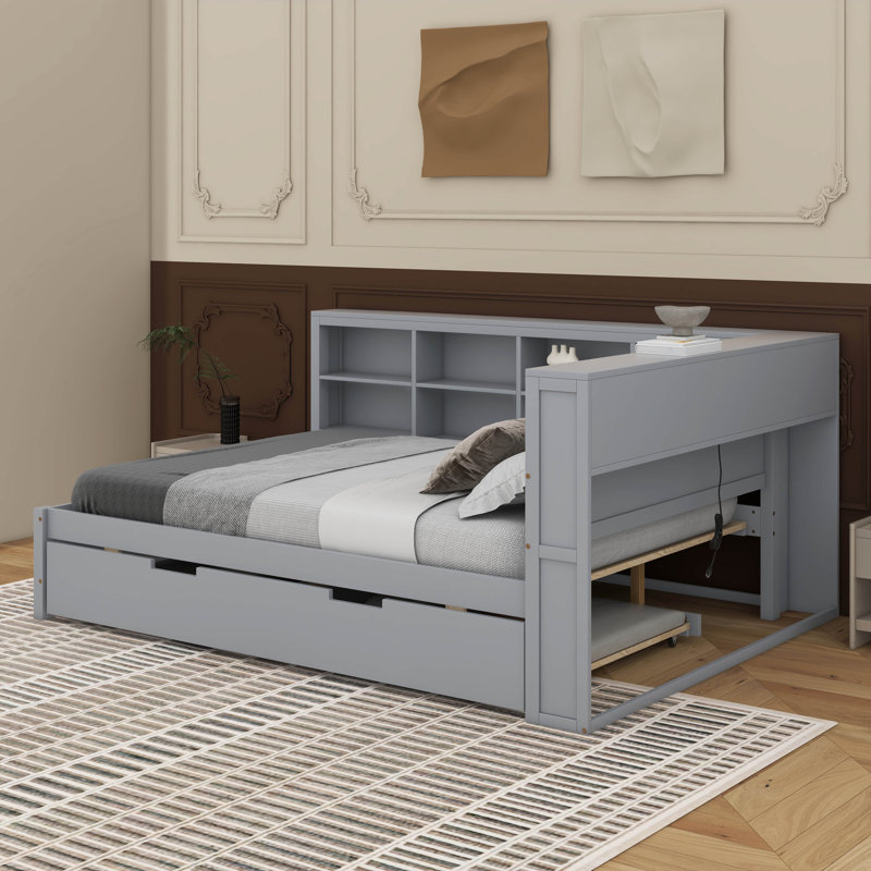 Lit de jour double avec lit gigogne, tablette et port USB, gris