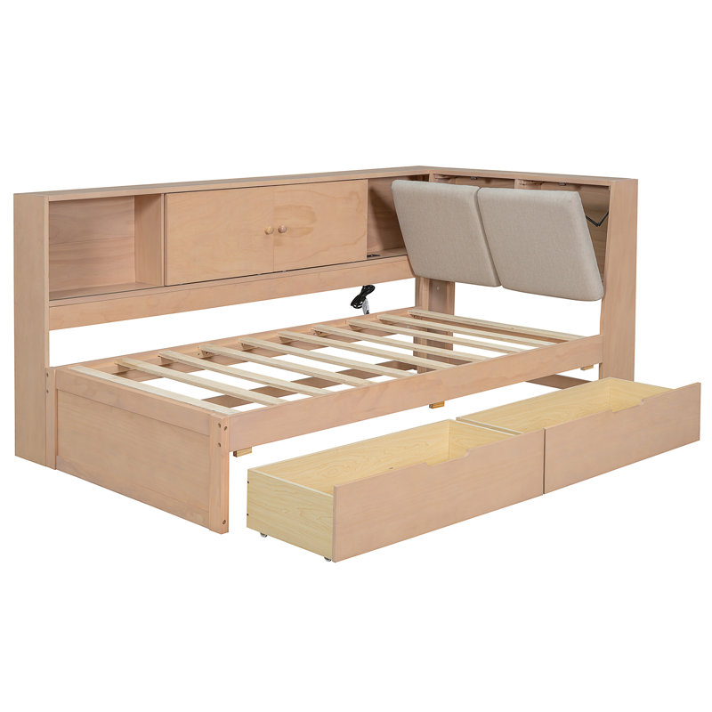 Wooden  L-Shaped Daybed Corner Bed Under-Bed Drawers  With Storage Bookcase And Upholstered Headboard And USB Charging Ports For Limited Space