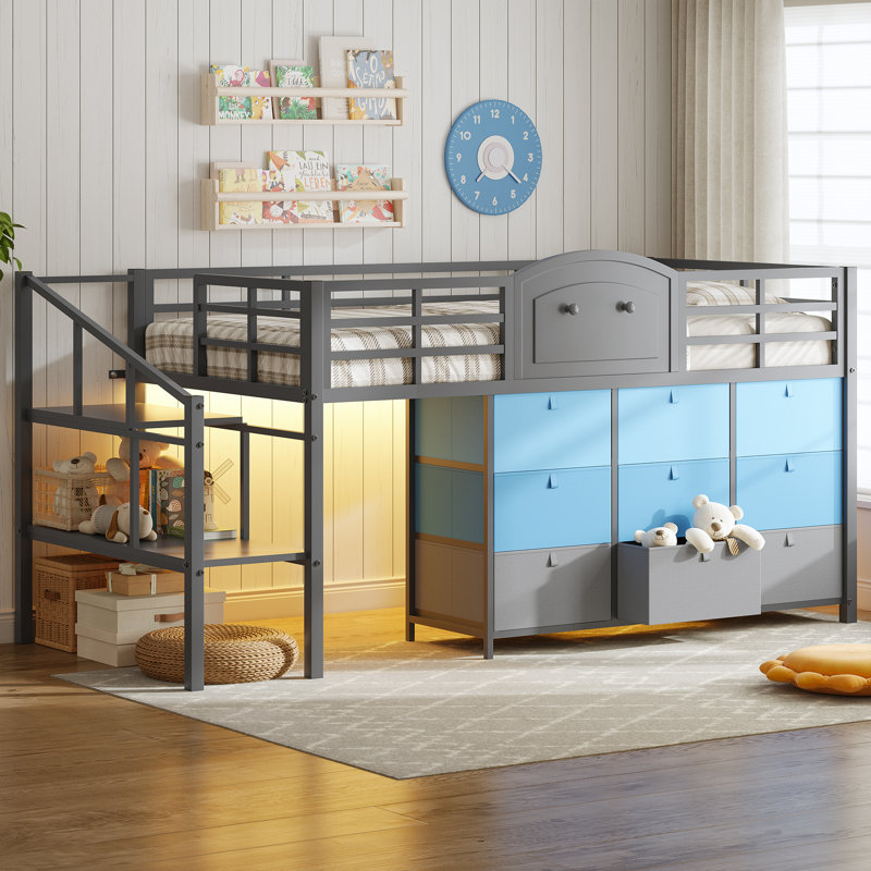 Lit mezzanine bas avec 9 tiroirs, lit mezzanine double en métal avec lumières DEL et espace de rangement sous le lit, gris