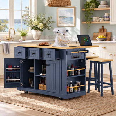 3-Piece Kitchen Island Set with 2 Bar Stools, Drop Leaf, Storage, Power Station and Hidden Wheels