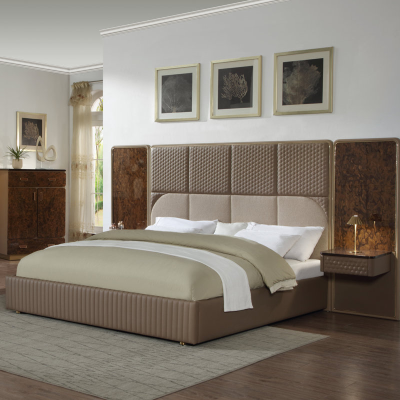 Lit en microfibre brun et beige Marcelino pour lit très grand Eastern Grain Wood