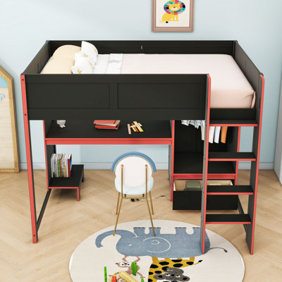 Lit mezzanine en bois avec bureau, garde-robe, DEL et tiroir