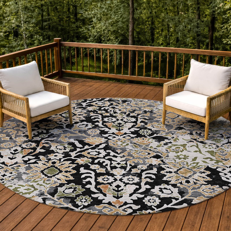Machine Washable Indoor/Outdoor Chantille ACN2584 Traditional Rug, 8' Round, Black