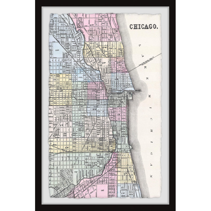 «Colored Chicago Street Map» - Reproduction encadrée sur papier, H 24 po x l 36 po x P 1,5 po