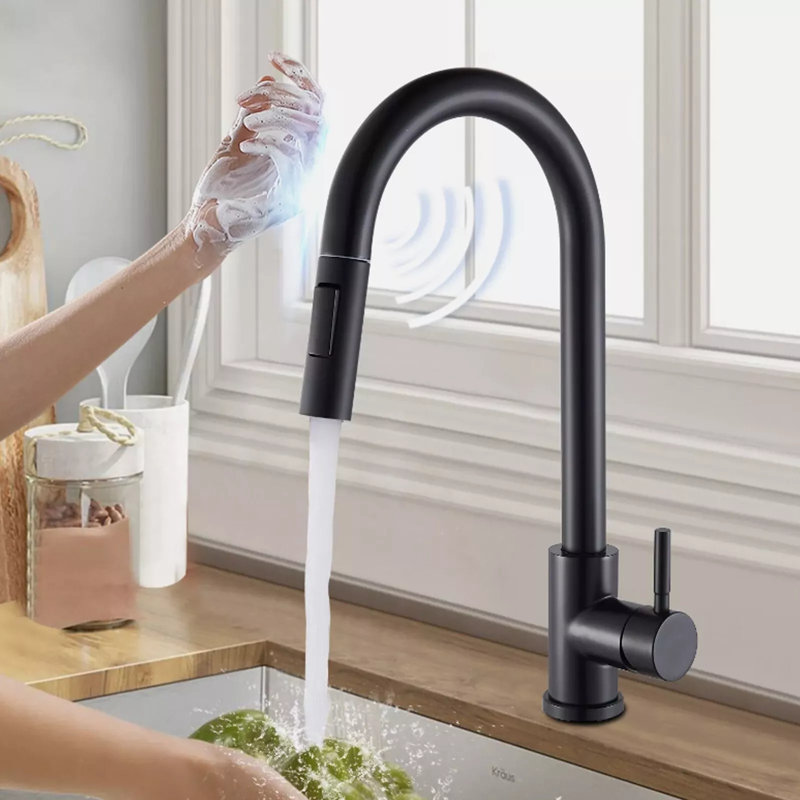 Matte Black Touch Sensor Kitchen Faucet with Pull Down Sprayer, Single Handle High Arc Touch Activated Pull Out Kitchen Faucets