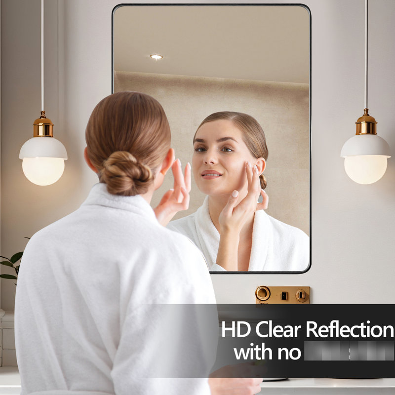 Miroir de salle de bain 24 po x 36 po dans une enceinte en aluminium noir - reflet transparent du verre flotté HD, cadre rouillé, conception résistante, support en Z pour une installation sécurisée, reflet du cadre en pouces du colis sécuritaire, non,