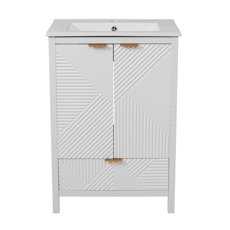 Meuble-lavabo simple de 24 pouces avec lavabo en céramique, portes texturées et pieds en pin, rangement à 1 tiroir et porte à fermeture en douceur