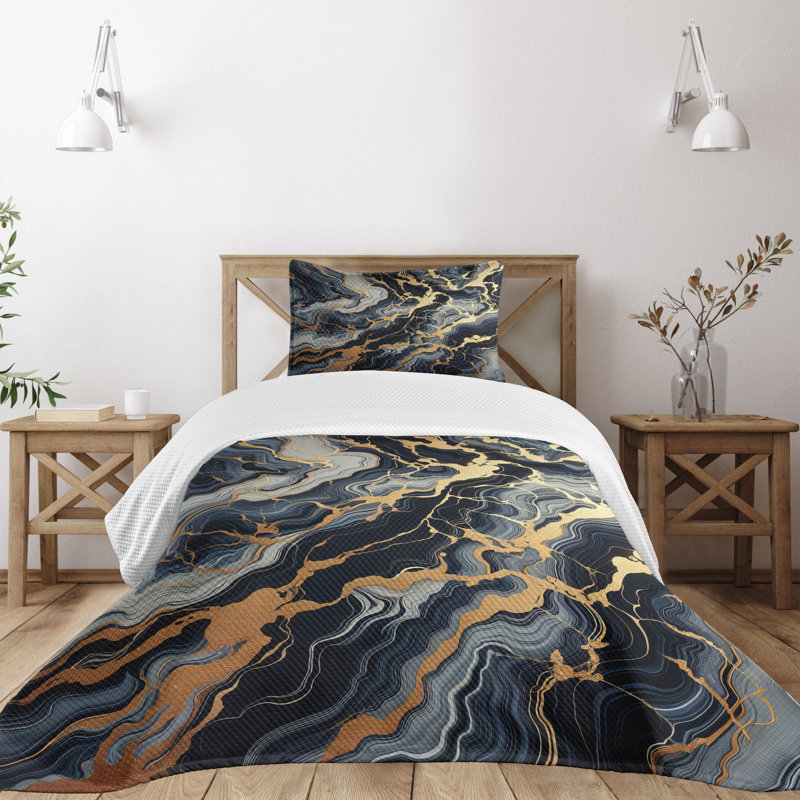 Twin Quilted Bedspread Set with Orange and Slate Blue Marble Print
