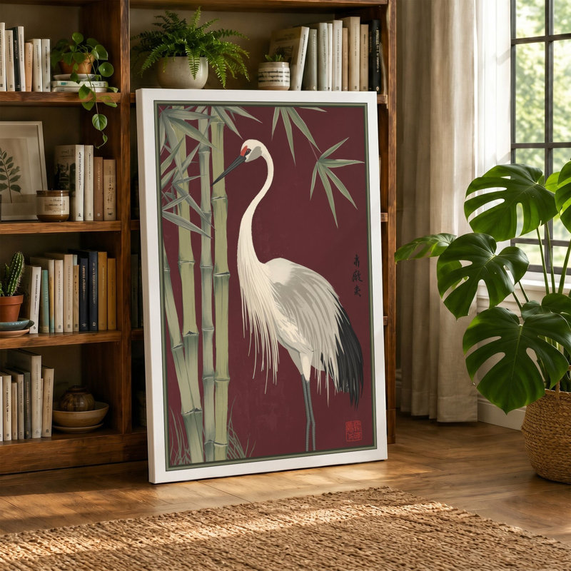 Crane Among Bamboo Japandi - Wrapped Canvas, 30x20 - 76.2 x 50.8 cm, Ochre Border