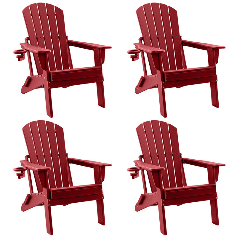 HDPE Folding Adirondack Chair With Cup Holder,Weather-Resistant, Low Maintenance,Supports Up To 400Lbs,Red,4 Pack, Red