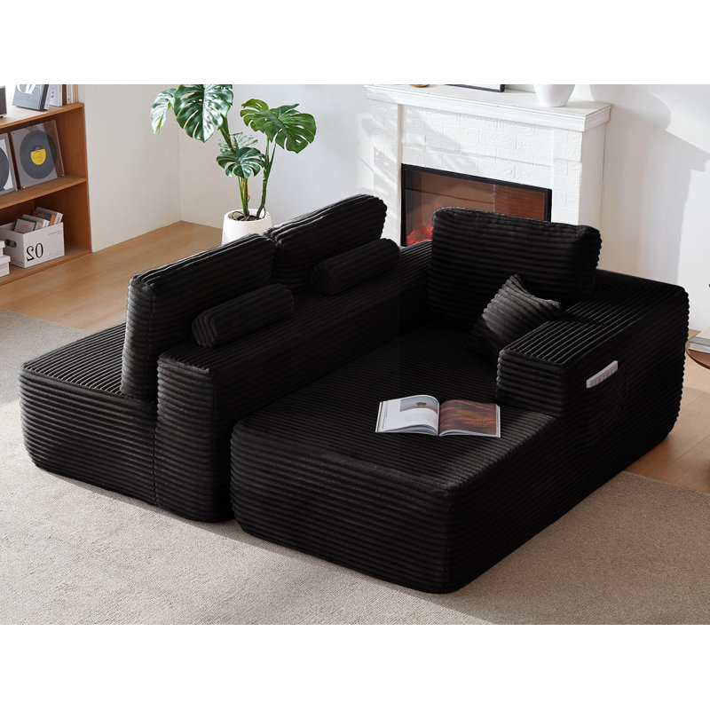 Canapé modulaire de 104 pouces avec méridienne en L et poches latérales, conception modulaire moderne pour le salon / chambre à coucher, sans assemblage requis, tissu moelleux, noir, droite