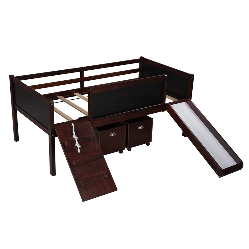 Bludov Twin Loft Bed with Two Storage Boxes, Chalkboard and Slide by Harriet Bee, Espresso