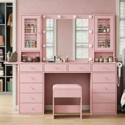 Makeup Vanity With LED Mirror, 14 Drawers, 2 Cabinets, Charging Station, Glass Top And Foldable Panel