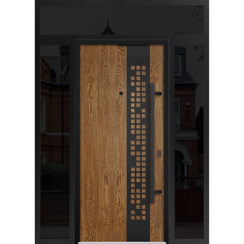 Front Exterior Prehung Steel Door Deux 6678 Natural Oak 2 Side and Top Exterior Window Sidelite Entry Metal Modern Painted W16+36+16 x H80+16 Left hand Inswing