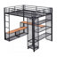 Lit mezzanine double en métal avec rangement en fer et tablettes en MDF et garde-robe ouverte